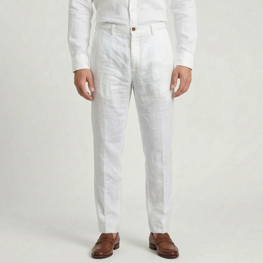 Close-up of men's lightweight summer trousers, showcasing relaxed fit, breathable fabric & button fly detail.
