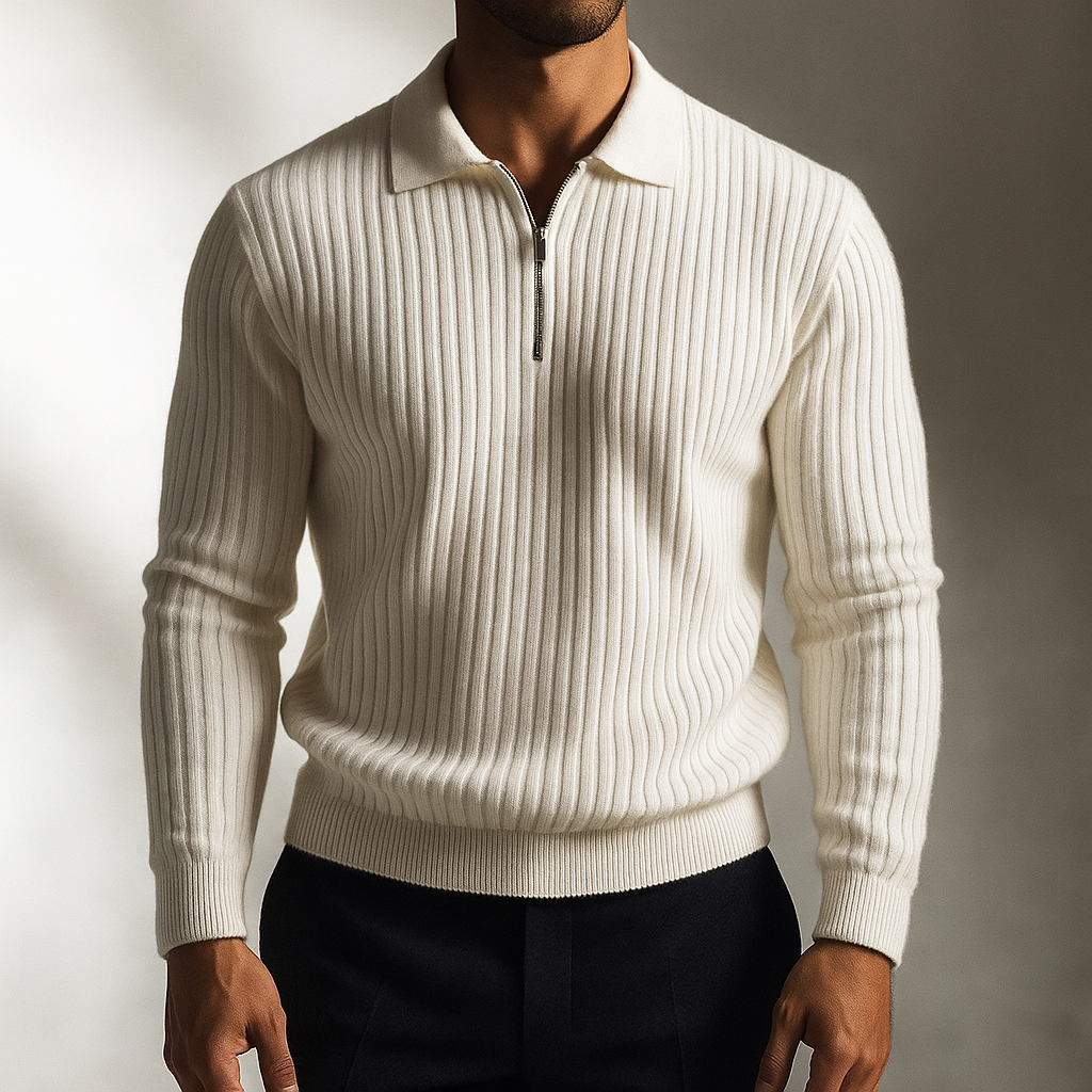 Men's lightweight ribbed knit polo shirt, soft cotton blend for comfortable everyday wear.