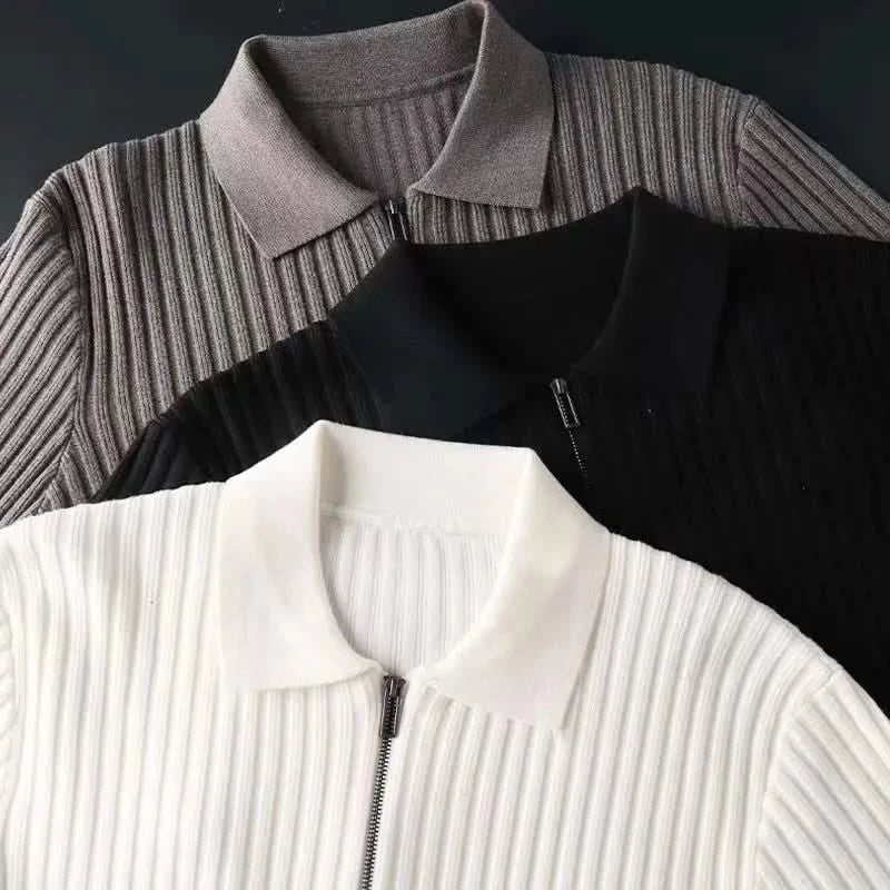 High-quality ribbed knit polo for men, showcasing soft texture and lightweight design.