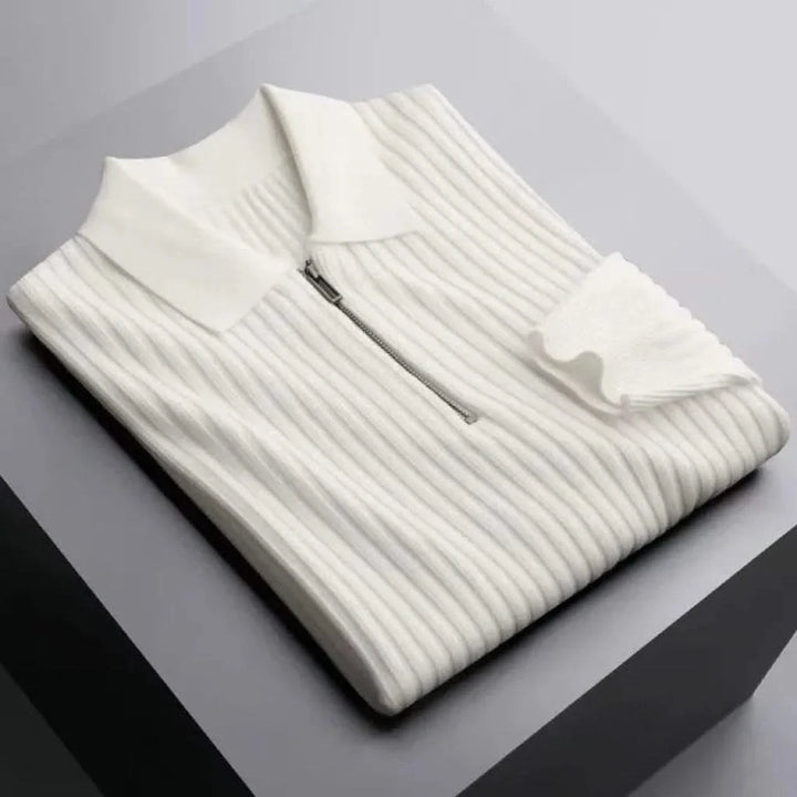 Soft cotton blend men's ribbed knit polo shirt, lightweight and breathable for comfort.