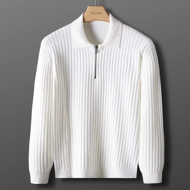 Stylish men's ribbed knit polo with a tailored fit, perfect for smart casual occasions.