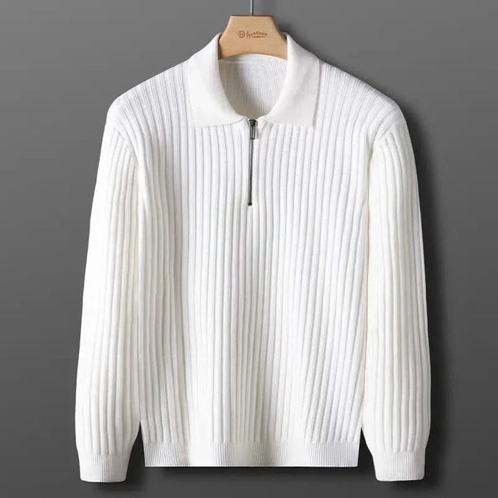 Stylish men's ribbed knit polo with a tailored fit, perfect for smart casual occasions.