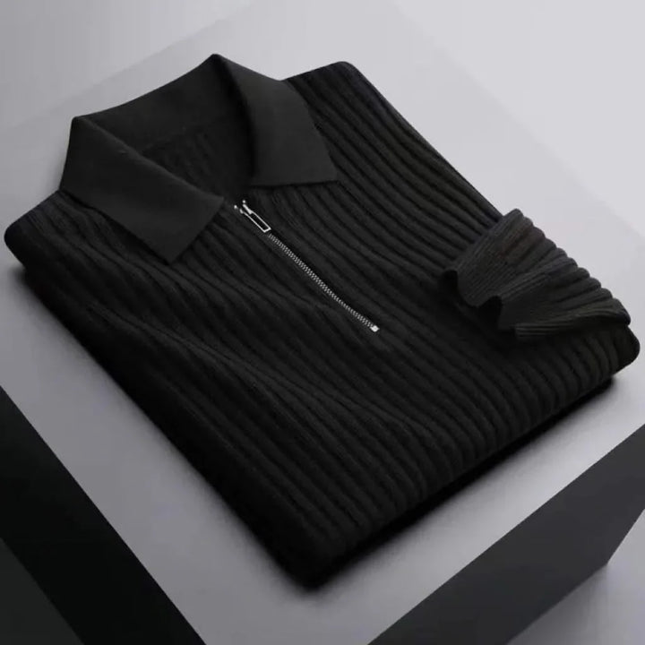Classic men's ribbed knit polo, versatile for casual or smart casual everyday fashion.