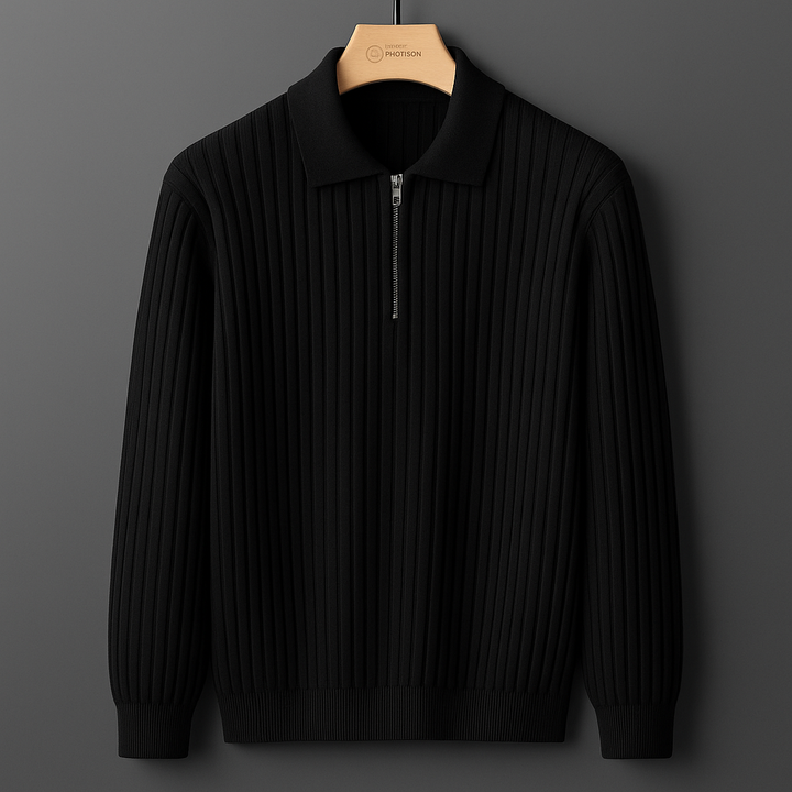 Men's lightweight ribbed knit polo shirt, featuring a refined collar and subtle button placket.