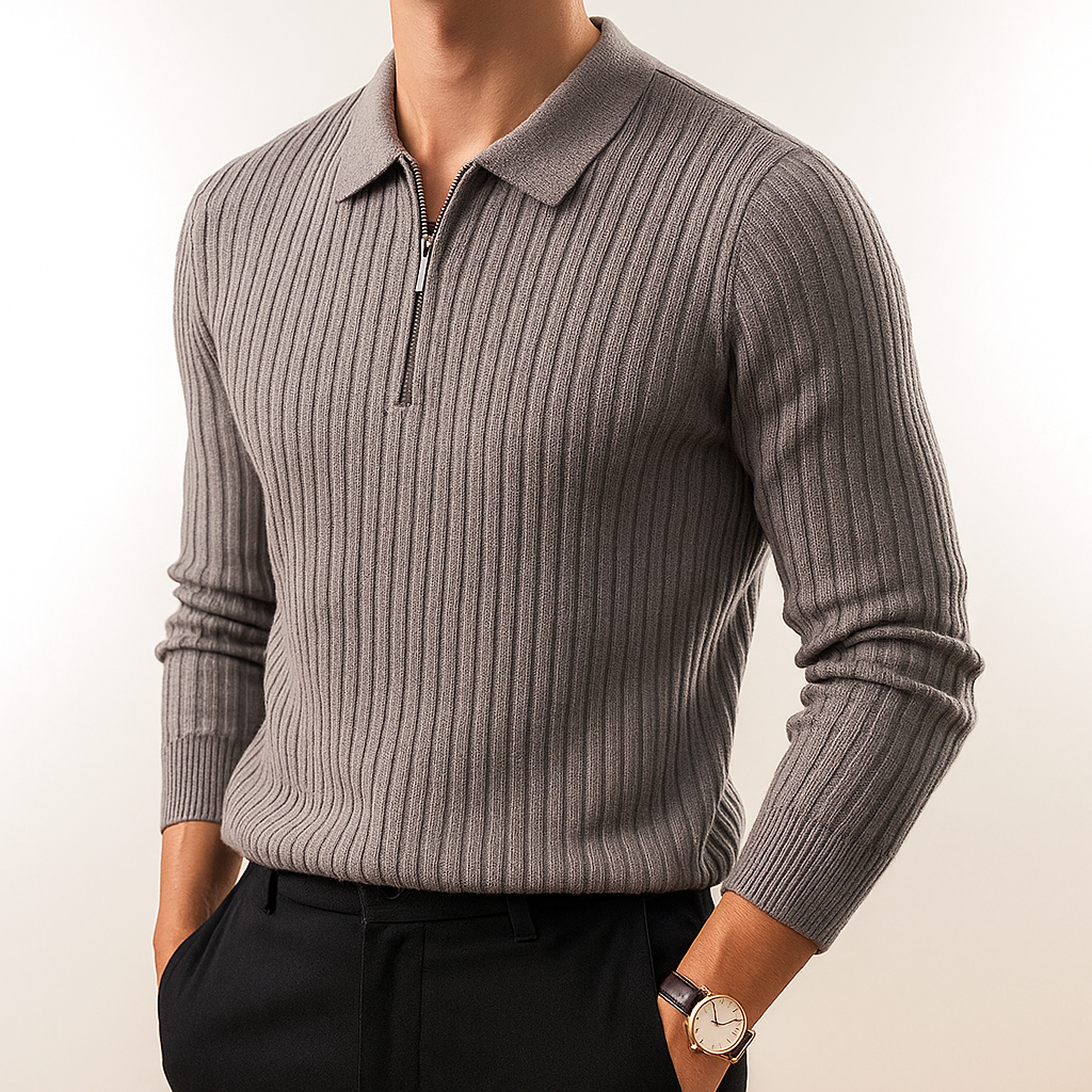 Comfortable & stylish men's ribbed knit polo, ideal for modern men's fashion.