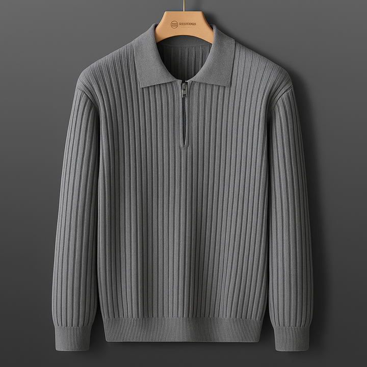 Modern men's fashion: a tailored, ribbed knit polo shirt for a sophisticated smart casual look.