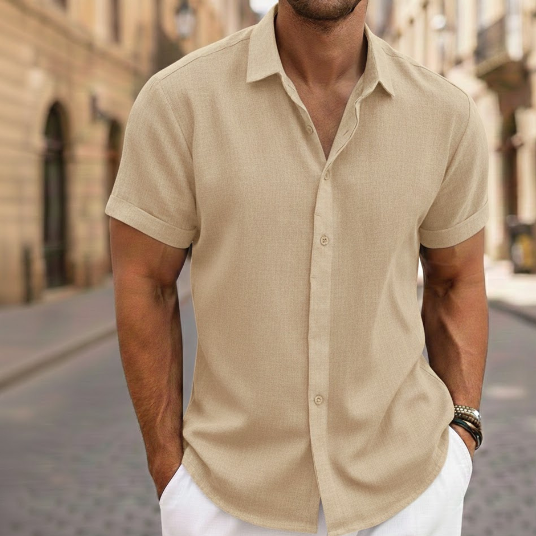 Men's lightweight short sleeve button-front summer polo shirt, perfect for casual everyday wear.
