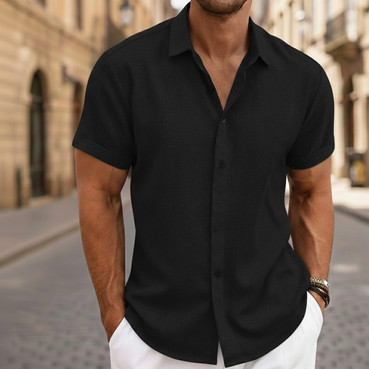 Casual men's fashion short sleeve button-front polo shirt. Lightweight summer style for vacation & beachwear.
