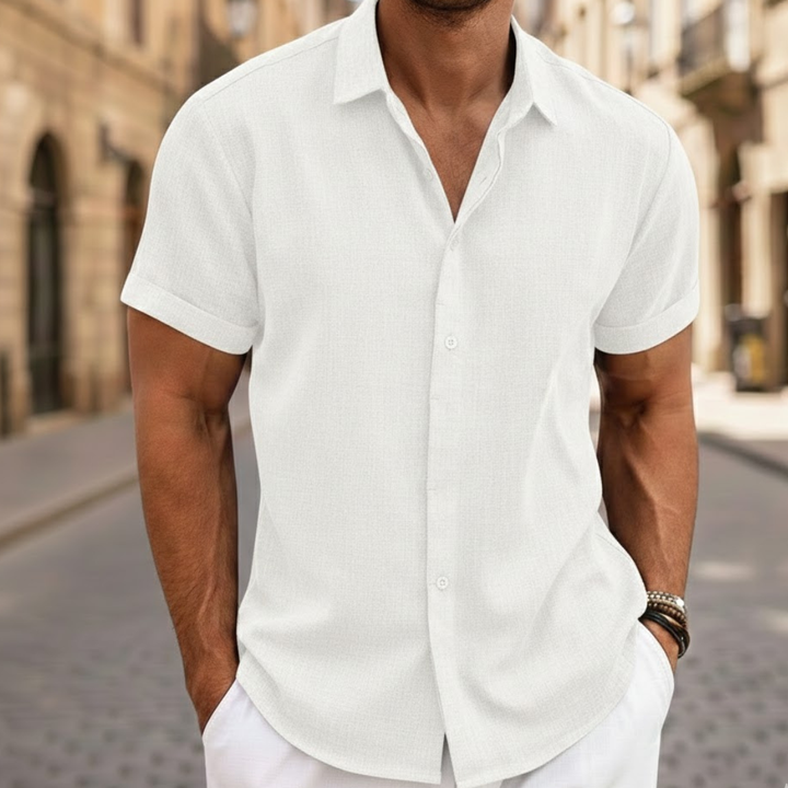 Lightweight & breathable men's short sleeve button-front polo shirt, ideal for summer daily wear.