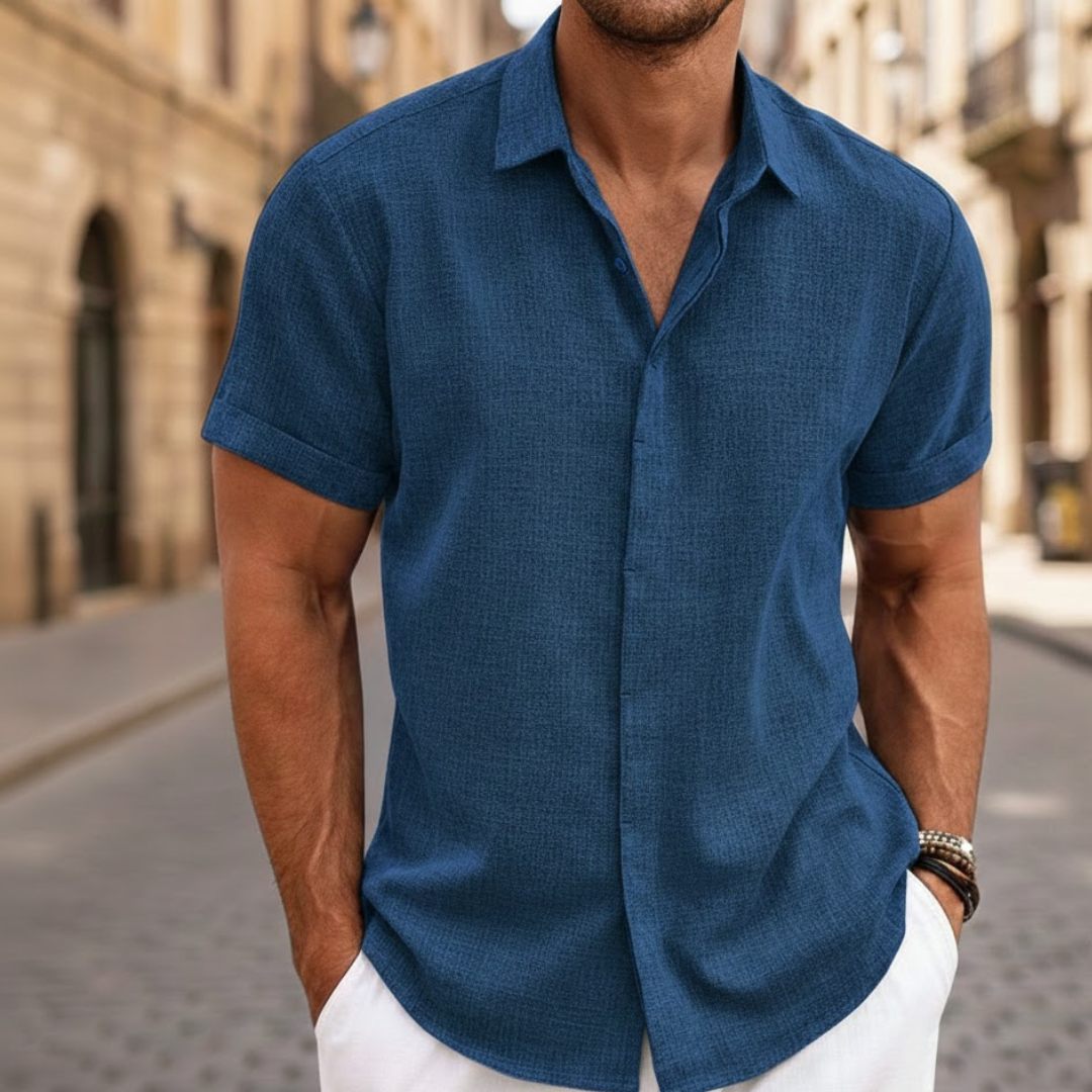 Men's summer polo shirt with short sleeves & button front. Lightweight, breathable, and perfect for casual style.