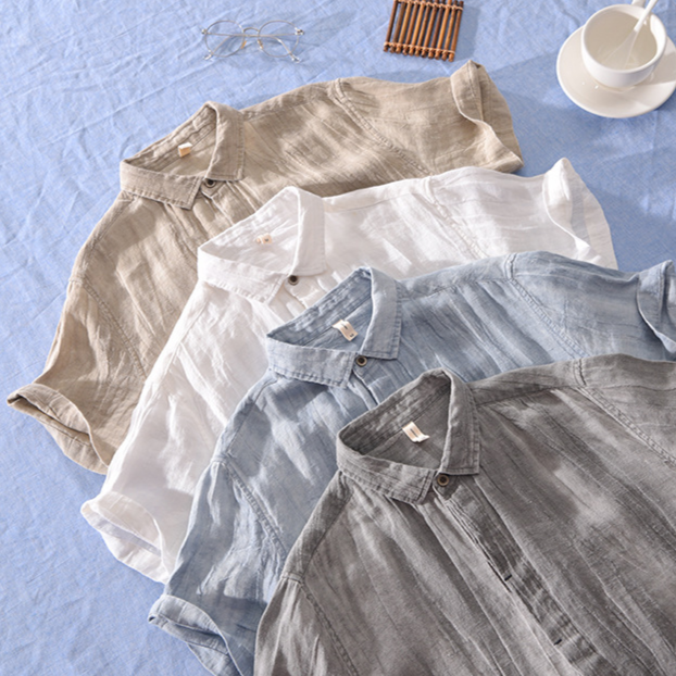 Front view: Men's lightweight short-sleeve summer shirt. Button-front, relaxed fit, ideal for casual warm-weather style.