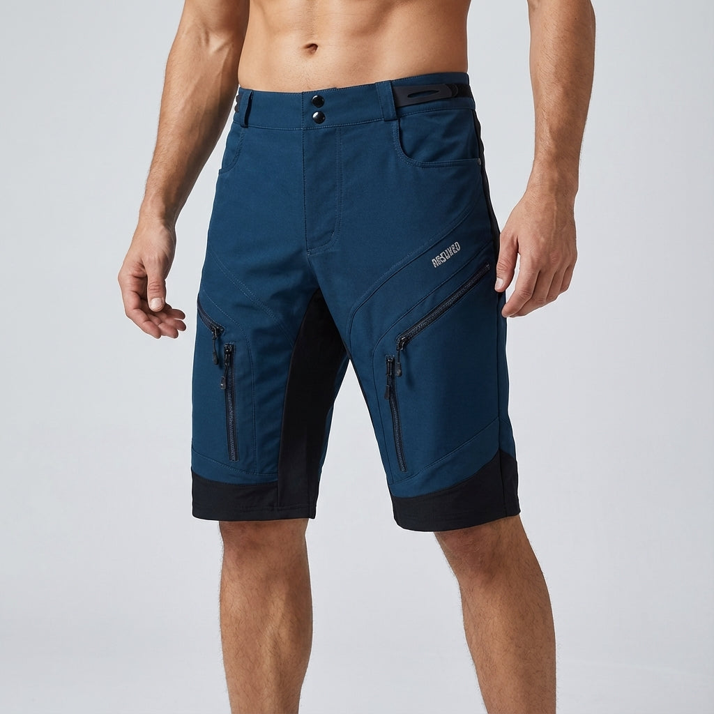 Marvin men's sports shorts in a vibrant blue, offering zip pockets for secure storage during workouts.