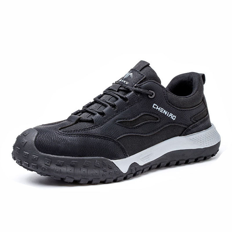 Men's lightweight steel toe safety shoes, black, comfortable, non-slip, durable work footwear.