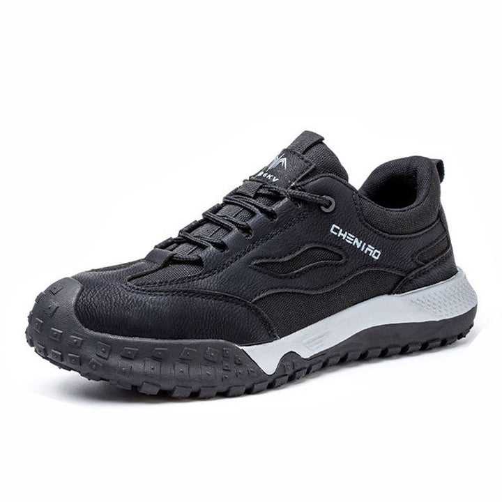Men's lightweight steel toe safety shoes, black, comfortable, non-slip, durable work footwear.