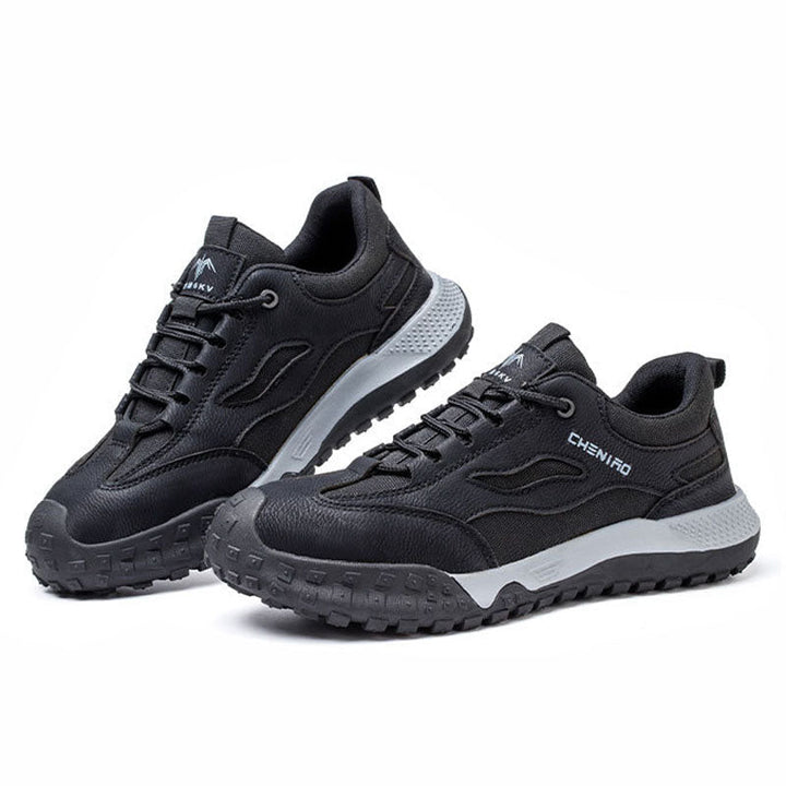 Sleek black men's lightweight steel toe work shoes, durable construction, non-slip sole.