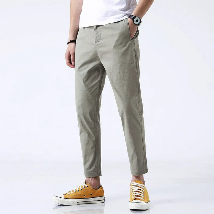 Enjoy comfort in men's lightweight stretch chino trousers. Perfect everyday cotton pants for casual menswear styles.