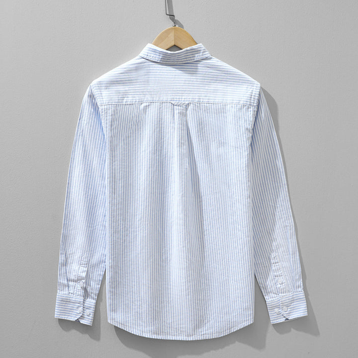Comfortable men's lightweight striped long sleeve shirt, ideal for casual and versatile summer style.