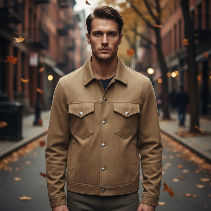 Men's lightweight suede-look transitional jacket in autumn, ideal casual outerwear for men.