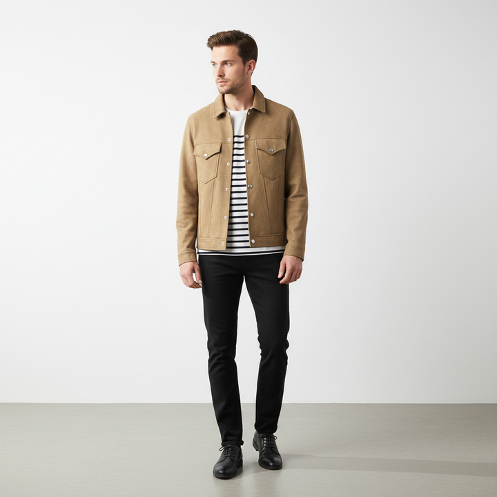 Fashionable men's snap-button suede-look jacket, perfect lightweight outerwear for fall.