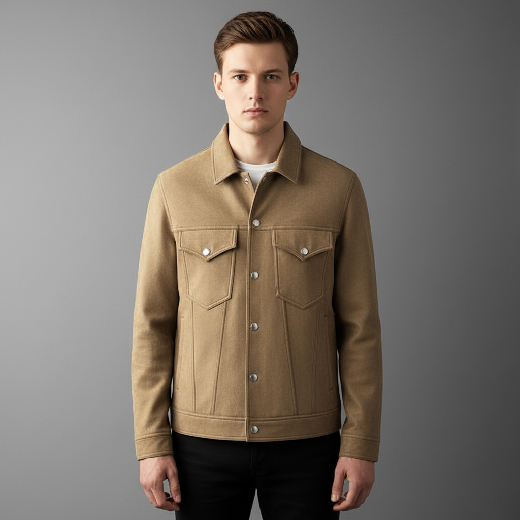 Suede-look men's jacket for autumn, a lightweight and trendy outerwear option for men.