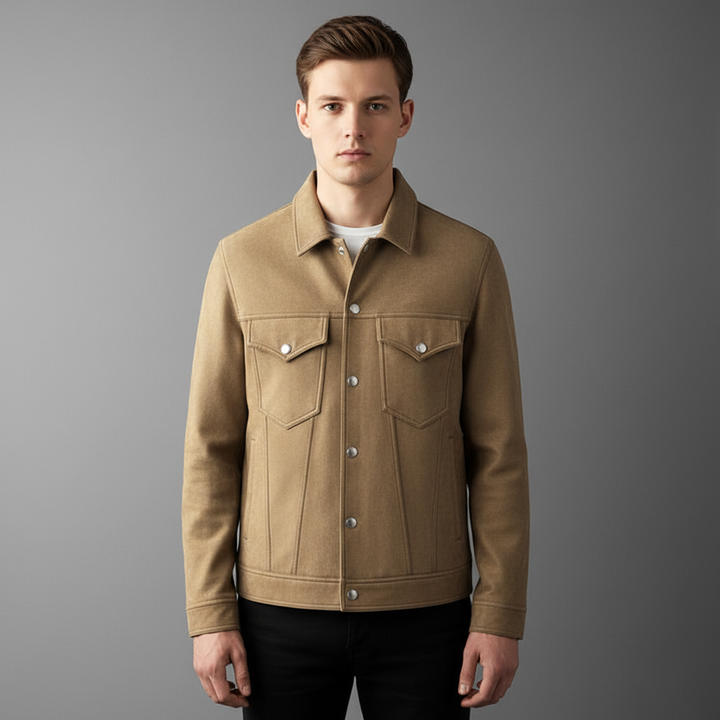 Suede-look men's jacket for autumn, a lightweight and trendy outerwear option for men.