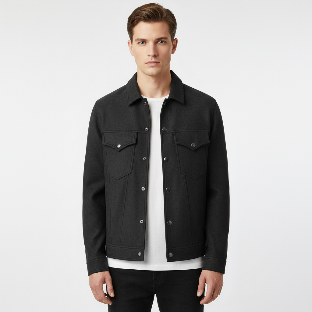 Men's stylish lightweight transitional jacket with suede look, snap buttons, and casual fit.