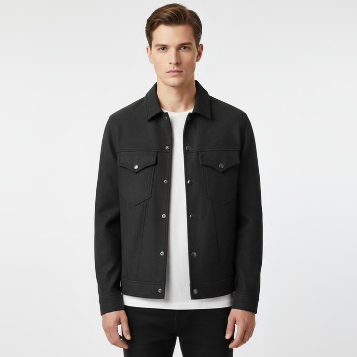 Men's stylish lightweight transitional jacket with suede look, snap buttons, and casual fit.