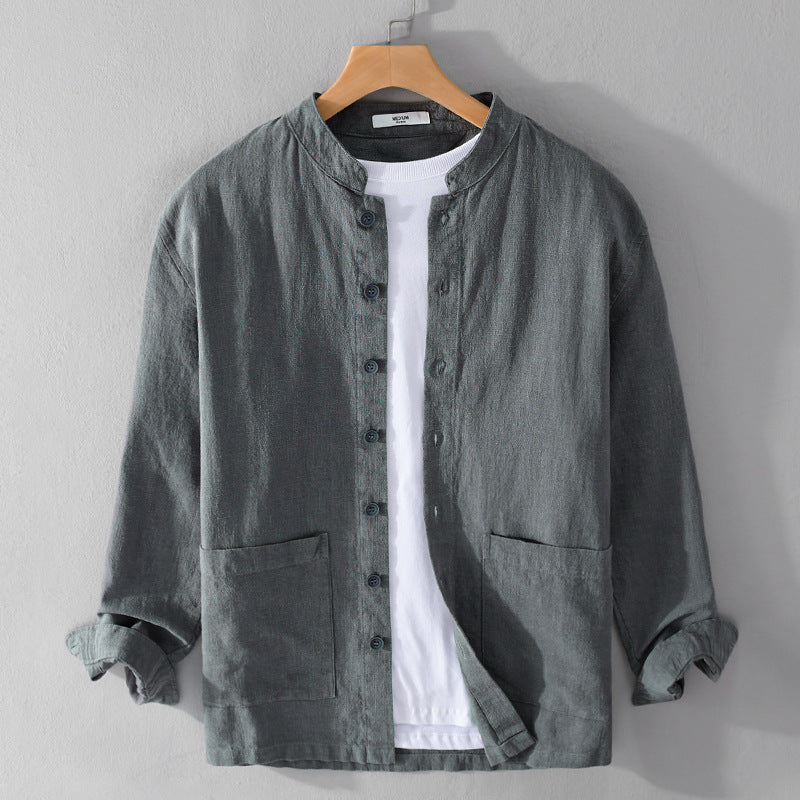 Men's lightweight summer button-down shirt with band collar, relaxed fit, and patch pockets in a modern style.