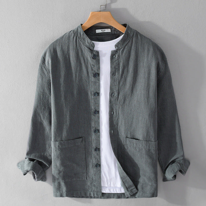 Men's lightweight summer button-down shirt with band collar, relaxed fit, and patch pockets in a modern style.
