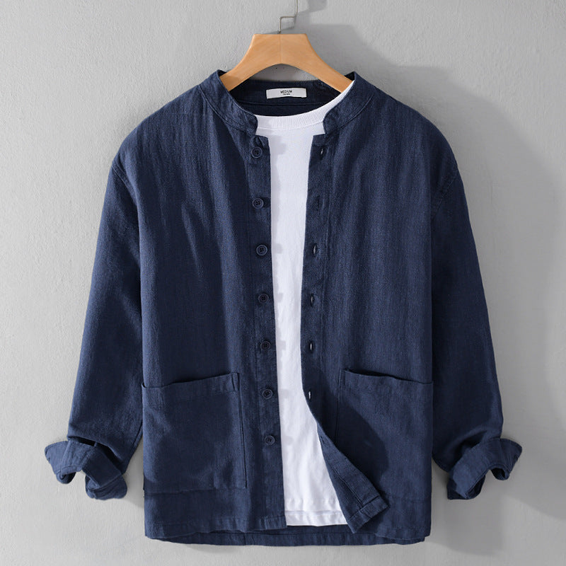 Casual men's long-sleeve button-down shirt, lightweight fabric perfect for summer layering, relaxed modern fit.