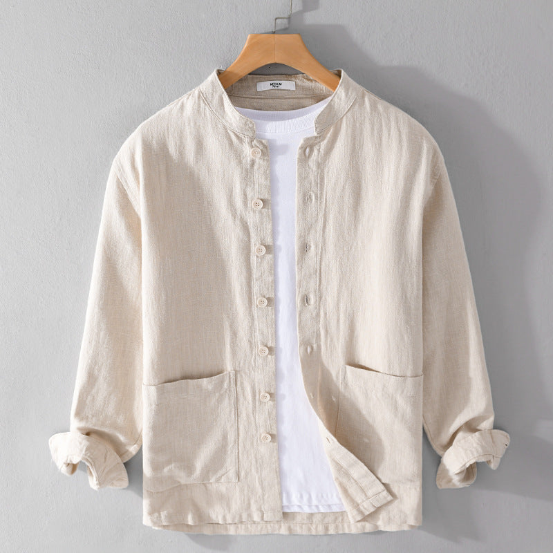 Stylish men's button-down shirt featuring a band collar and patch pockets, ideal lightweight casual summer wear.