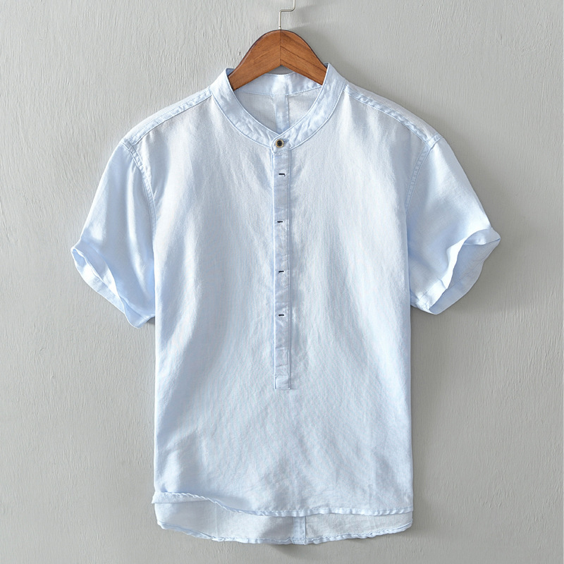 Casual men's summer button-up shirt with long sleeves, great for relaxed warm weather outings.
