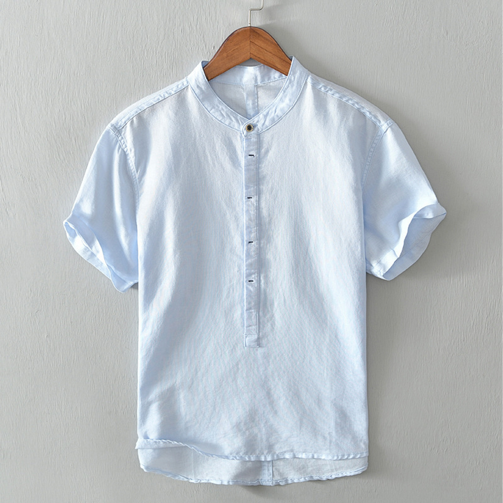 Casual men's summer button-up shirt with long sleeves, great for relaxed warm weather outings.