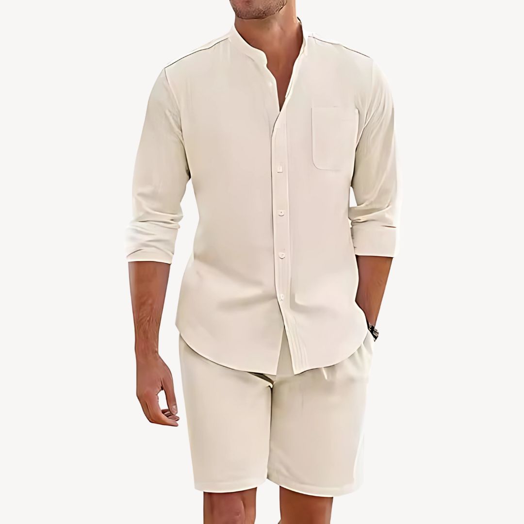 Men's lightweight summer two-piece co-ord set: short-sleeve button-up shirt & drawstring shorts, perfect for beachwear.