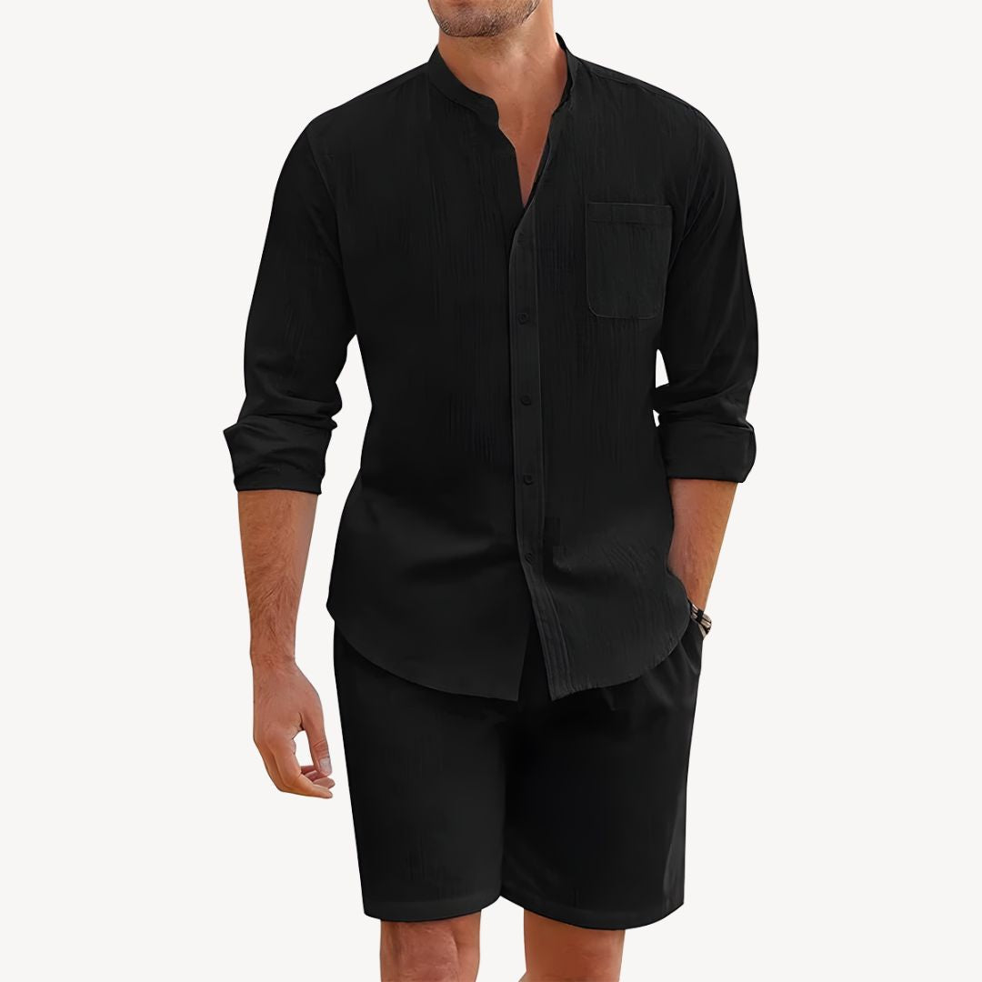 Relaxed fit men's summer matching set with a casual button-up shirt and comfortable drawstring shorts.