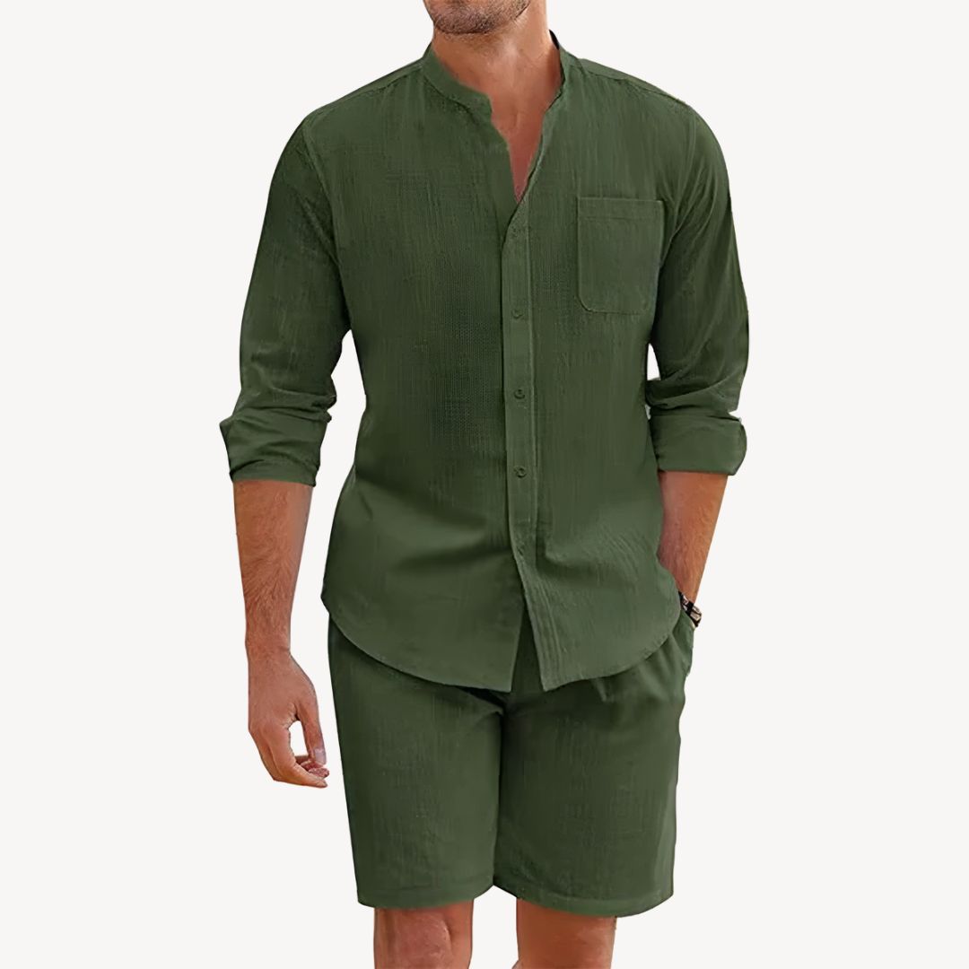 Lightweight men's summer shirt and shorts set featuring a relaxed button-up and adjustable drawstring shorts.