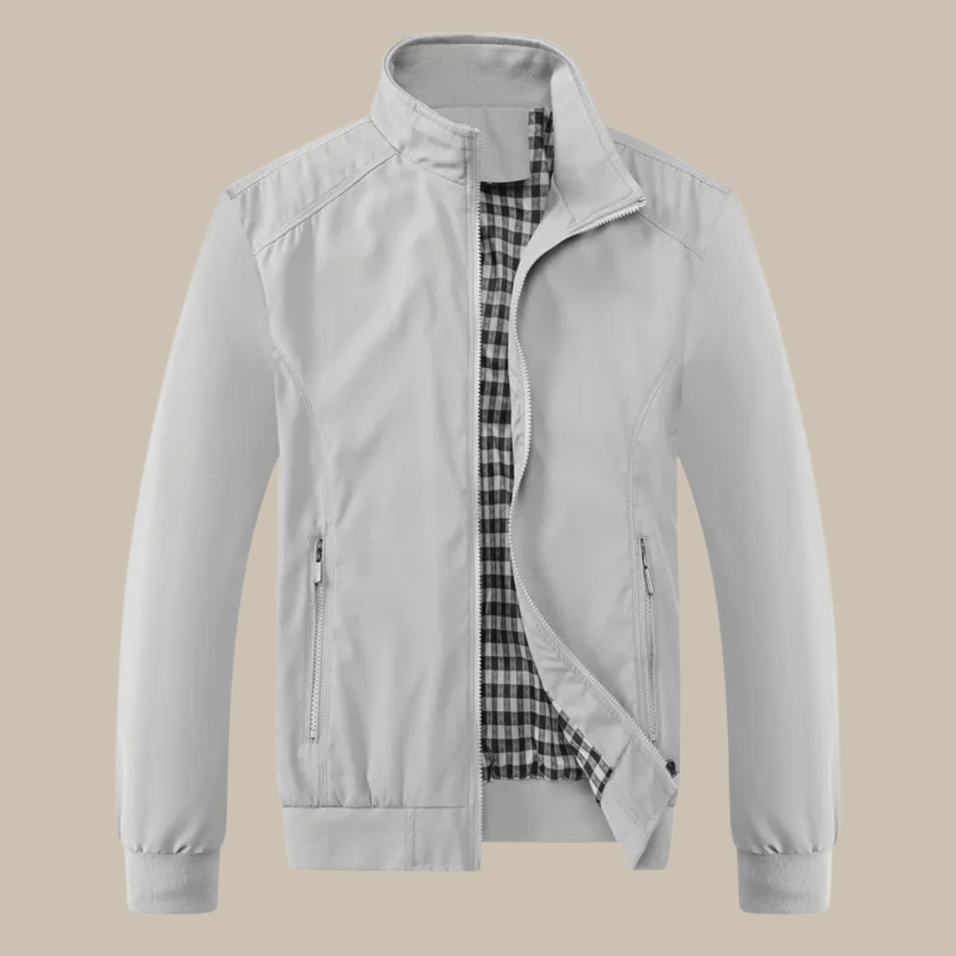 Stylish men's collared windbreaker, ideal lightweight jacket for summer travel & everyday wear.