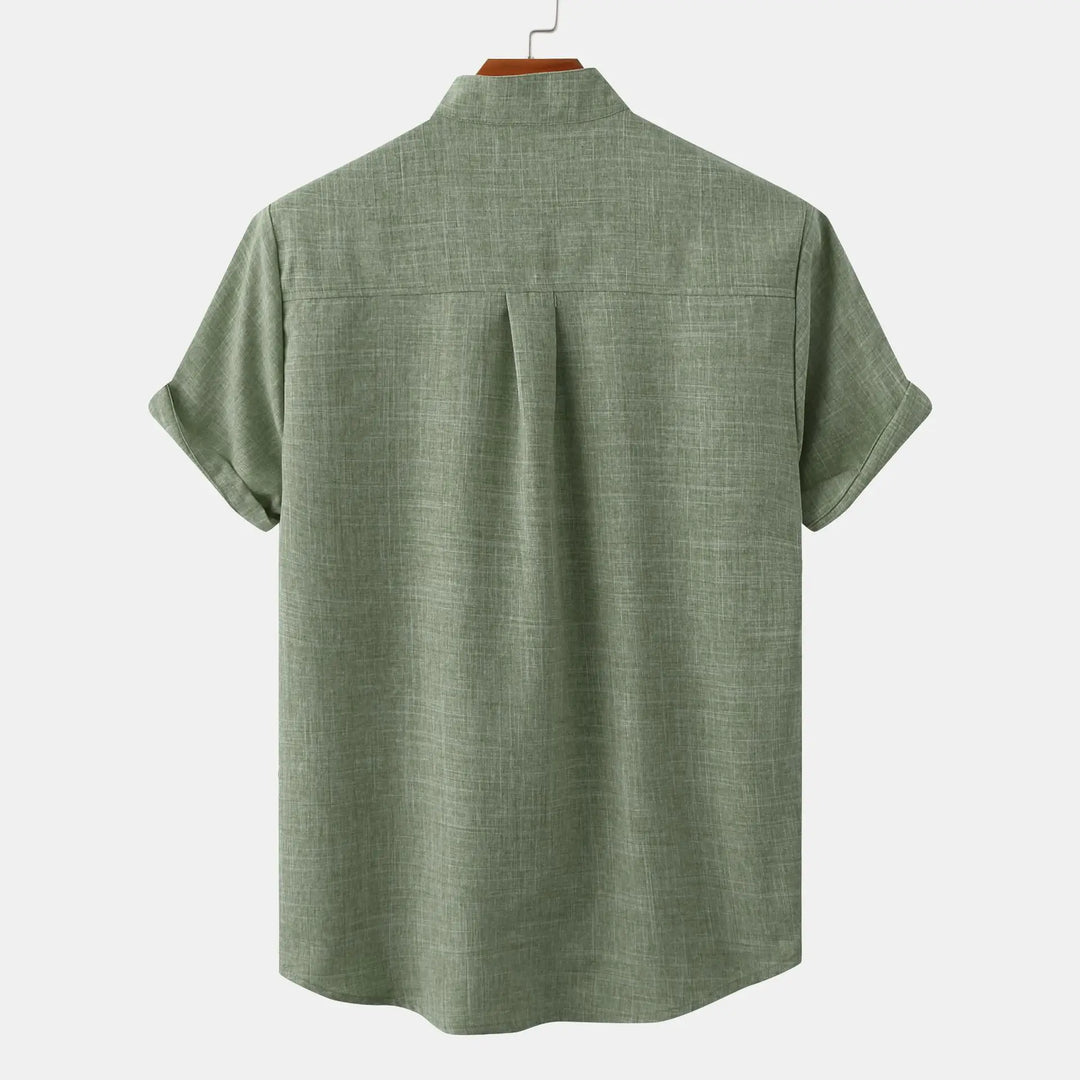 Versatile collarless men's button-up shirt, lightweight for comfortable summer casual wear.