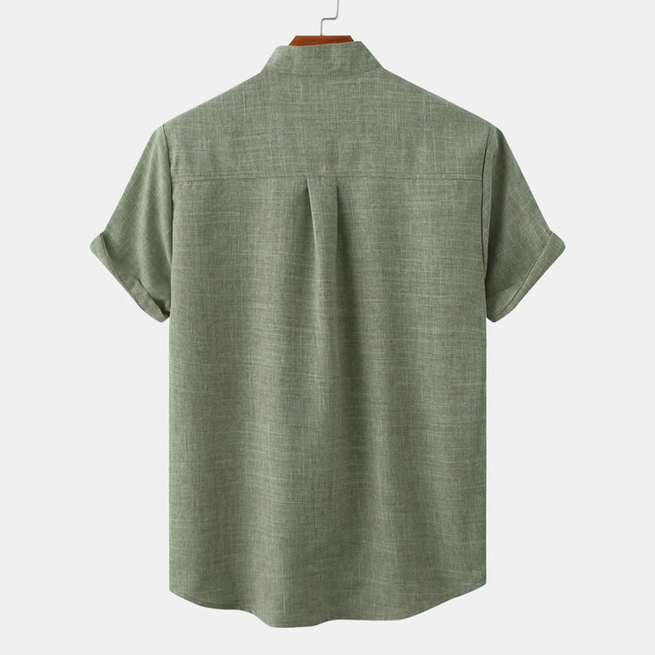 Versatile collarless men's button-up shirt, lightweight for comfortable summer casual wear.