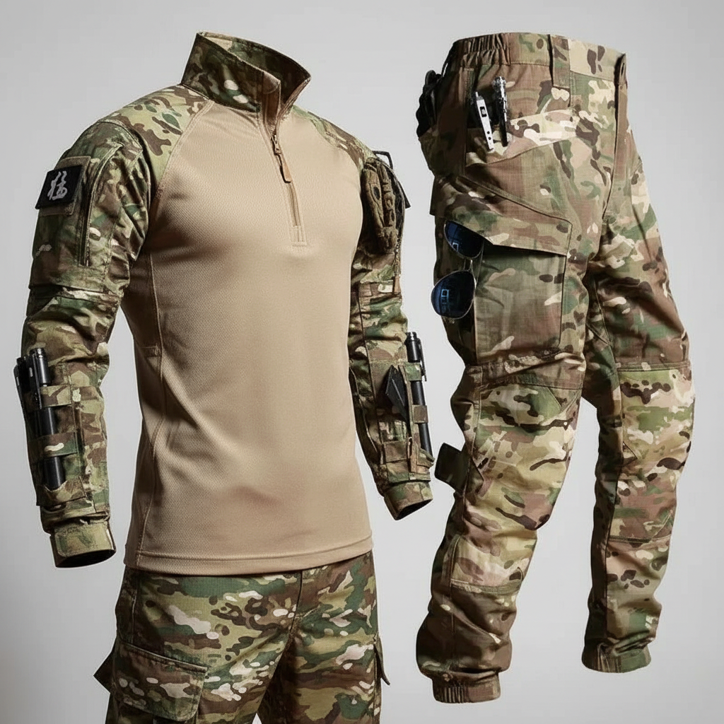 Lightweight men's apparel, a tactical hiking set for outdoor activities, weatherproof.