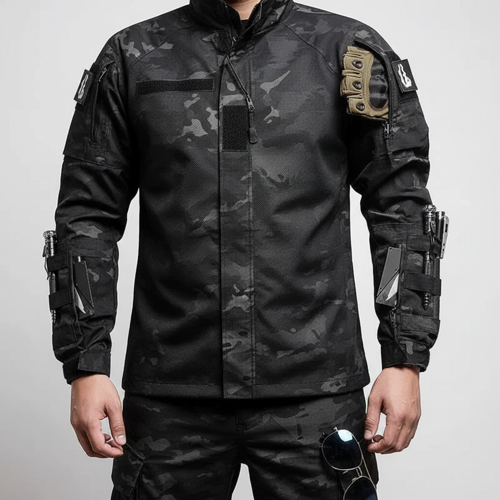 Breathable men's activewear set, military-style for outdoor adventures, lightweight & durable.