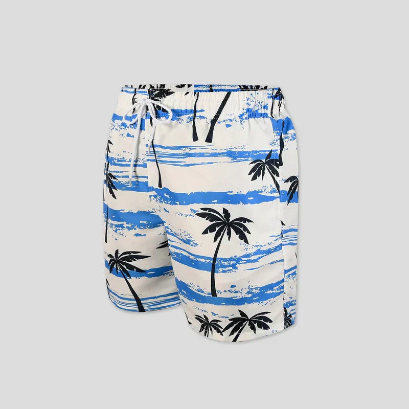 Nico men's summer shorts with vibrant tropical palm print, perfect for beach