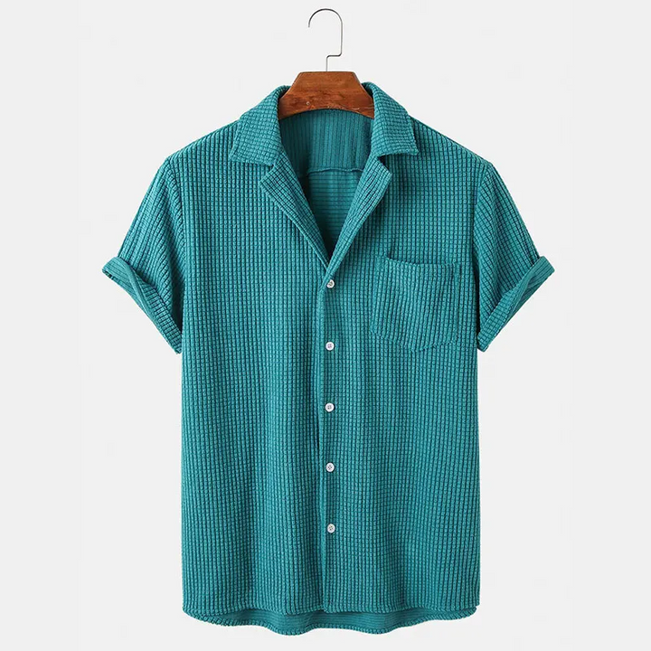 Men's lightweight waffle knit button-up shirt, breathable long sleeve for casual wear.