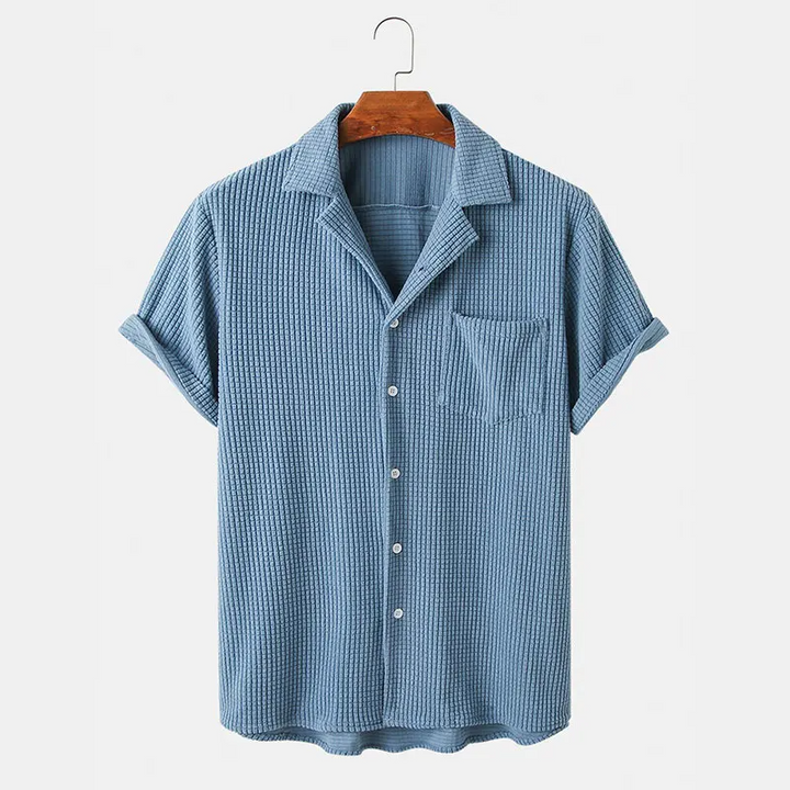 Men's long sleeve waffle button-up shirt, lightweight & breathable casual apparel.