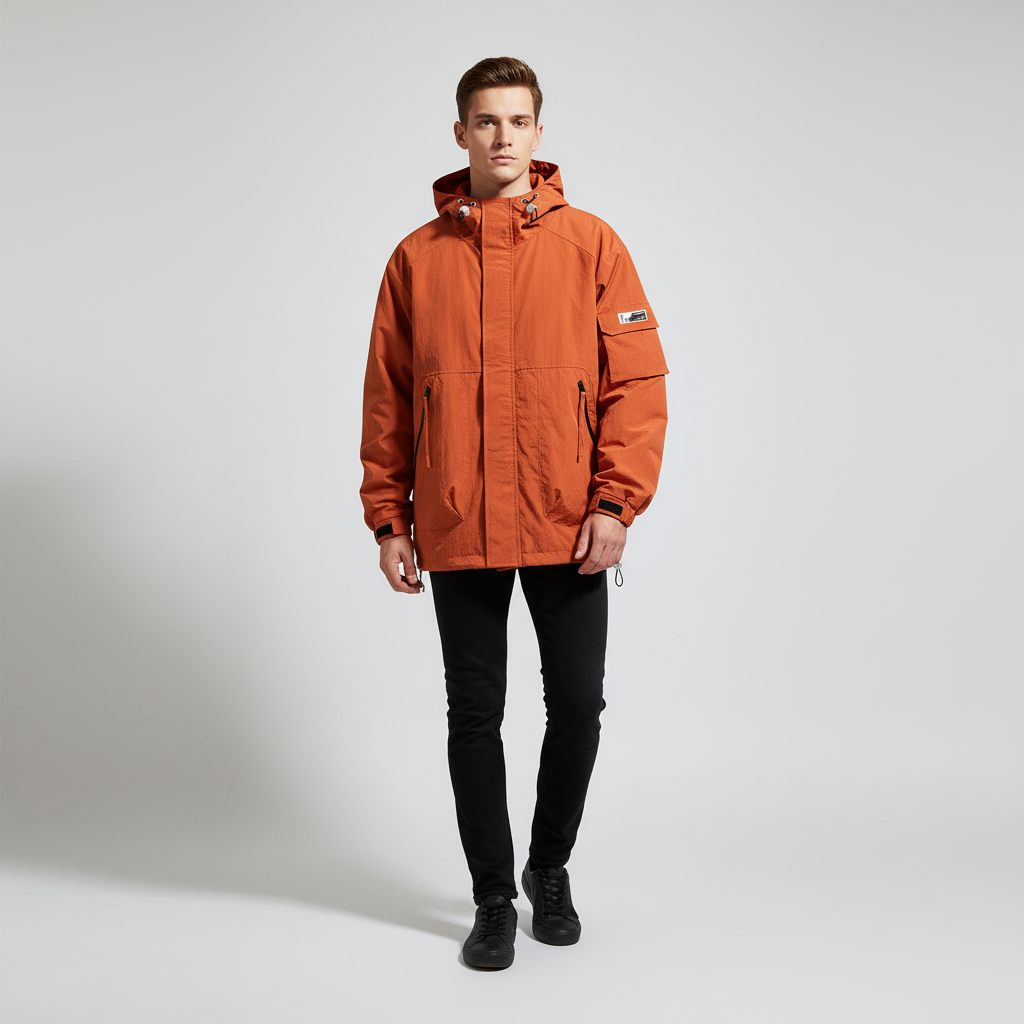 Close-up of a men's grey water-repellent windbreaker, showcasing the fabric and zipper detail.