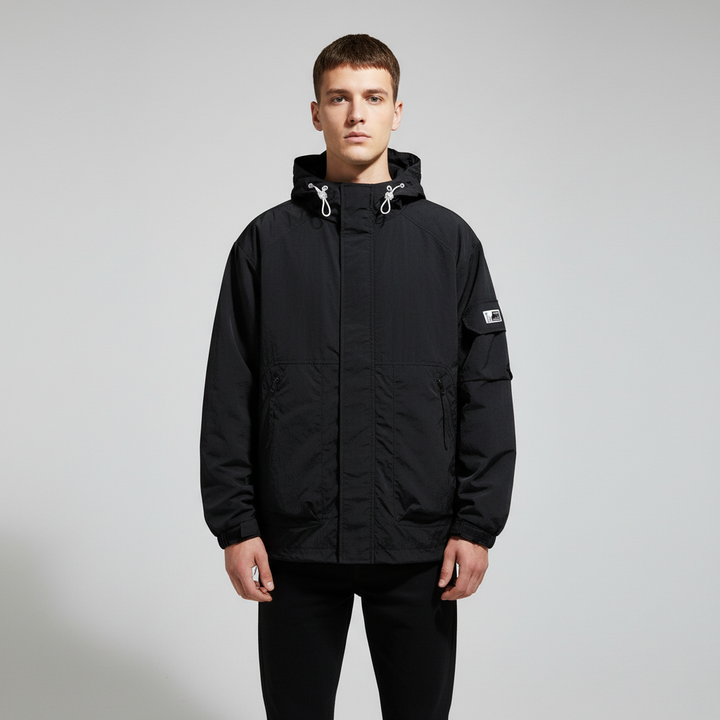 Men's fashion: casual brown hooded windbreaker jacket, offering wind and water protection.