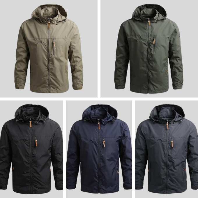 Men's lightweight rain jacket with adjustable hood, water-resistant for outdoor protection.