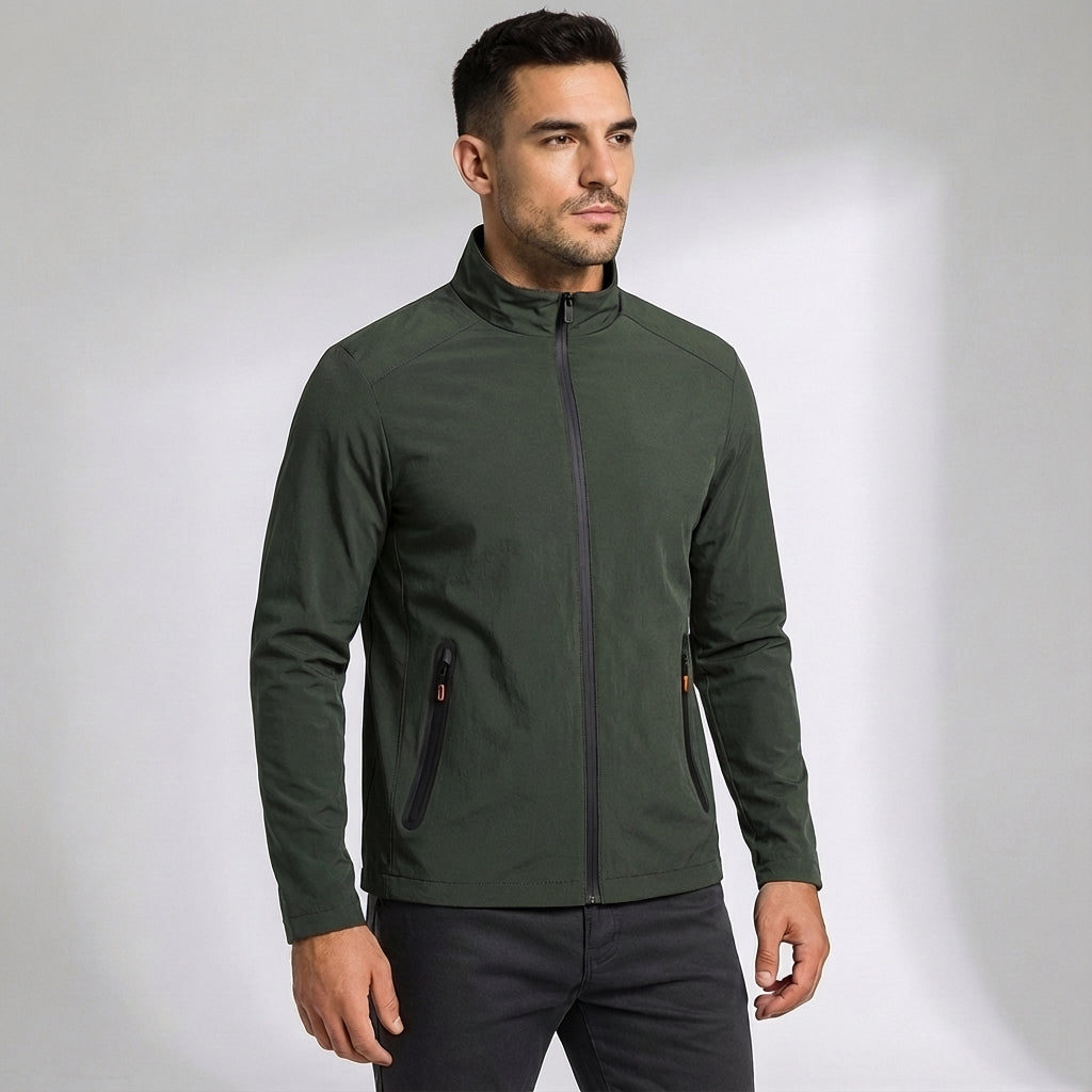 Close-up of the breathable fabric of a men's lightweight athletic windproof running jacket