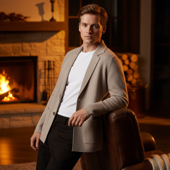 Men's lightweight wool gilet vest in heather grey with elegant shawl collar, front view, for autumn fashion