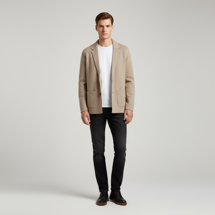 Back view of men's casual wool gilet vest with shawl collar, showcasing the tailored fit, perfect men's outerwear
